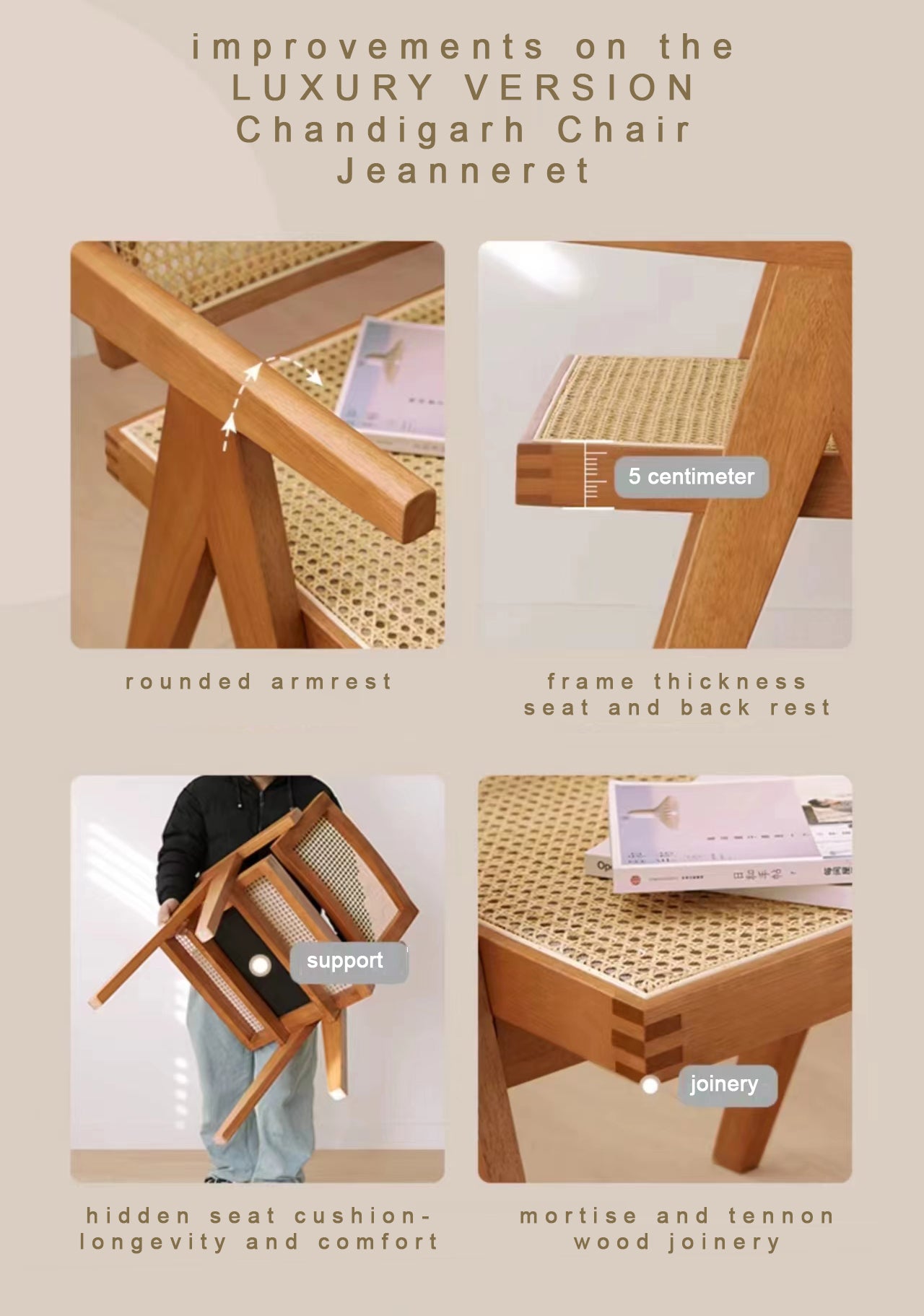 Luxe design stoel Pierre Jeanneret: breed hout, walnootkleur + rotan, topkwaliteit