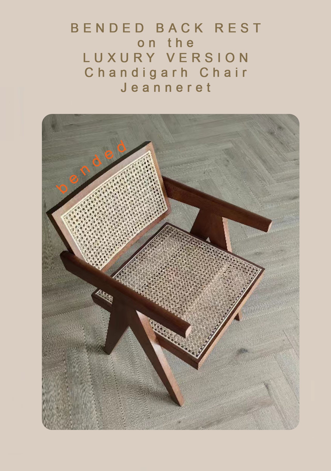 Luxe design stoel Pierre Jeanneret: breed hout, walnootkleur + rotan, topkwaliteit