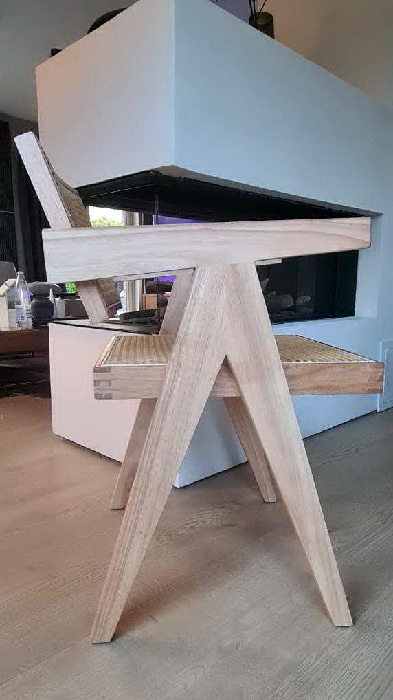 LUXURY version of the Jeanneret Style Chair - Chandigarh - wood and rattan - dining table or office
