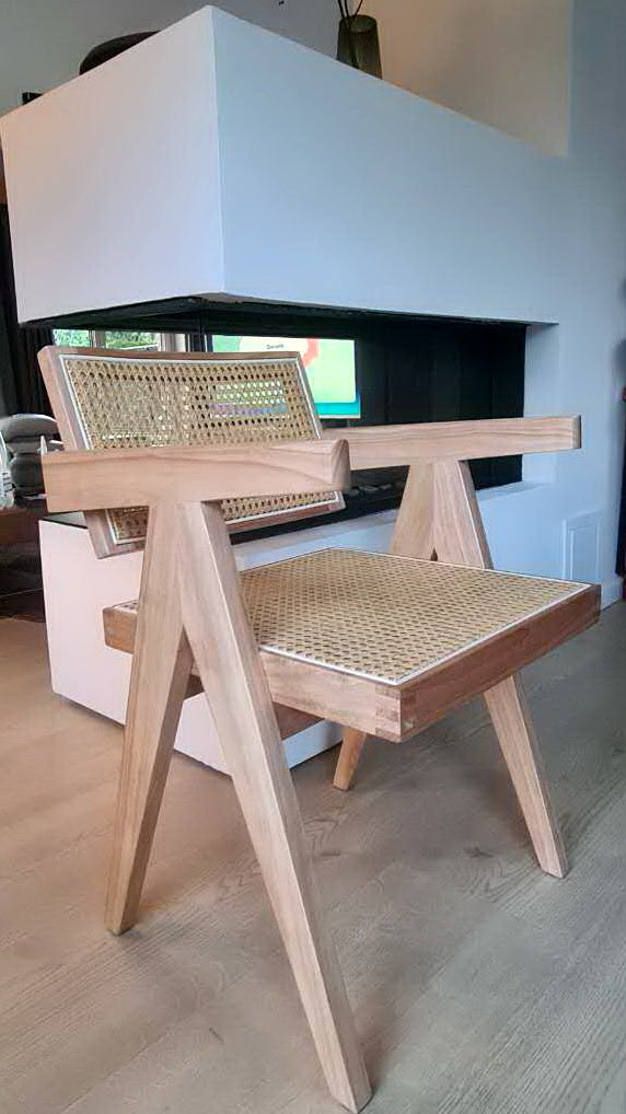 LUXURY version of the Jeanneret Style Chair - Chandigarh - wood and rattan - dining table or office