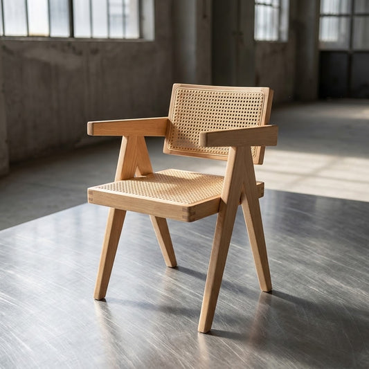 LUXURY version of the Jeanneret Style Chair - Chandigarh - wood and rattan - dining table or office